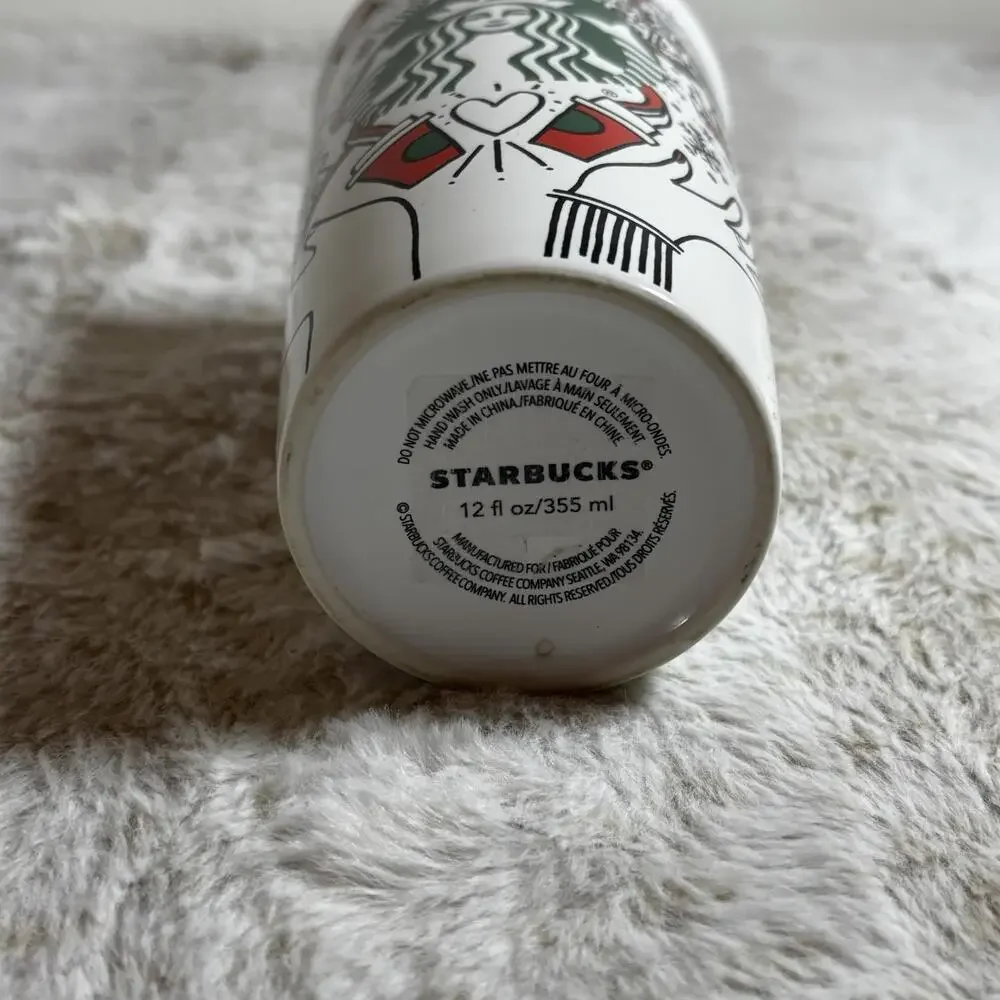 Starbucks Holiday Ceramic Travel Mug 12 oz Red White Green Tumbler w/ Lid